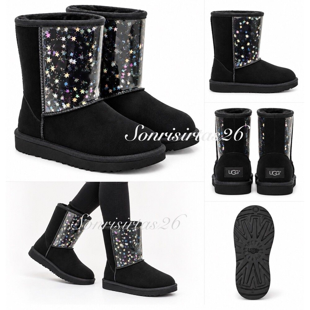 UGG Classic II Clear Glitter Girls Boots Size 6 Black Stars Waterproof #1121014K
